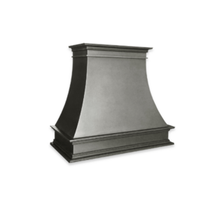 The EVG Montrose Essential FLOAT is a matte grey metal range hood with a smooth, tapered design and angular edges, featuring decorative trim at the top and bottom, set against a plain dark background.