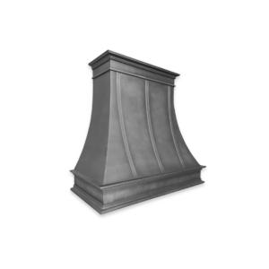 The EVG Montrose Refined FLOAT is a stainless steel kitchen range hood with a trapezoidal design. It features smooth, curved sides and decorative crown molding at the top and bottom, displayed against a black background.