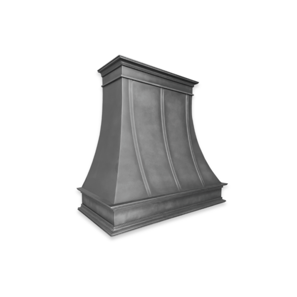 The EVG Montrose Refined FLOAT is a stainless steel kitchen range hood with a trapezoidal design. It features smooth, curved sides and decorative crown molding at the top and bottom, displayed against a black background.
