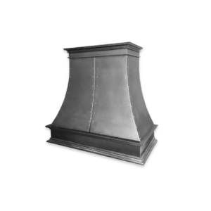 The EVG Montrose Tailored FLOAT is a stainless steel range hood featuring a curved design with visible rivets, presented against a black background.