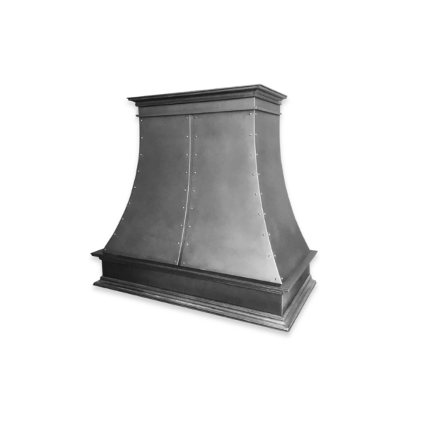 The EVG Montrose Tailored FLOAT is a stainless steel range hood featuring a curved design with visible rivets, presented against a black background.