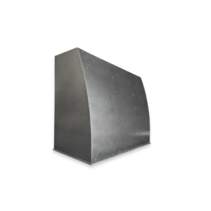 The EVG Snowmass Essential FLOAT is a metallic, rectangular vent hood with a curved front and visible bolts, shown isolated on a black background.