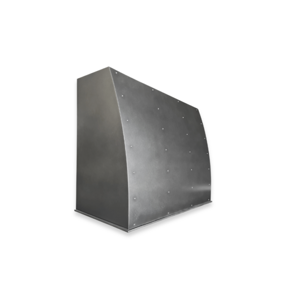 The EVG Snowmass Essential FLOAT is a metallic, rectangular vent hood with a curved front and visible bolts, shown isolated on a black background.