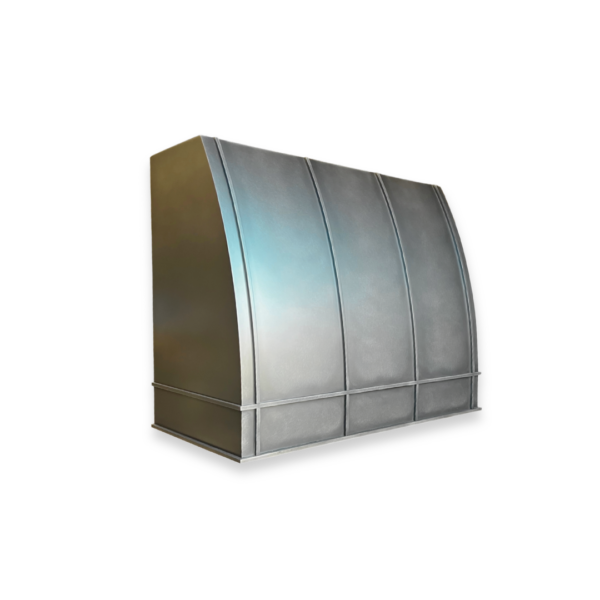 The EVG Snowmass Refined FLOAT is a large, metallic, curved ventilation hood featuring a smooth silver finish and vertical panel divisions, shown isolated on a transparent background.