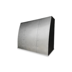 The EVG Snowmass Tailored FLOAT is a large, metallic, rectangular object featuring a curved front surface and visible bolts along its seams, displayed against a black background.