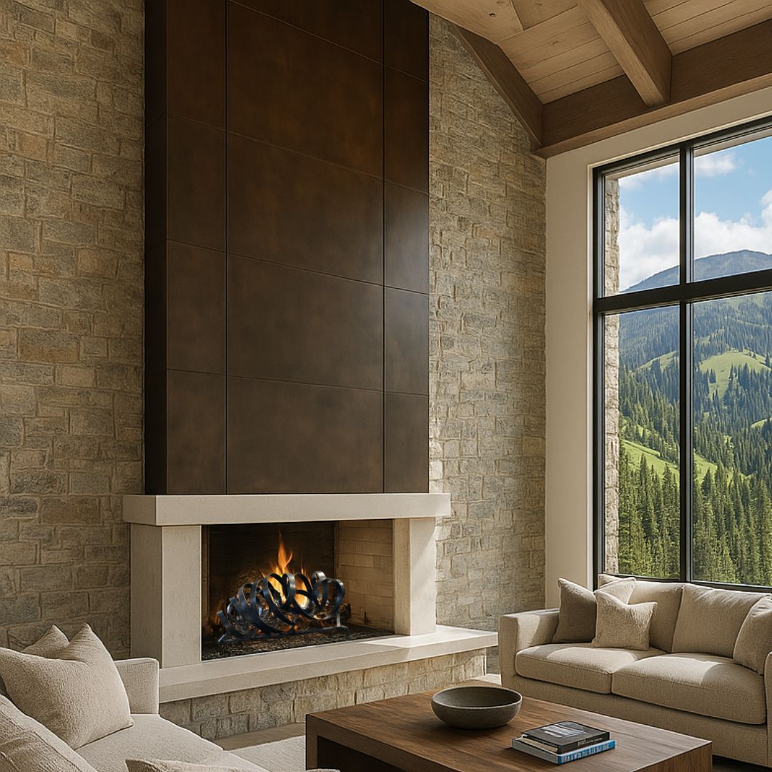 FP sculpture 4 A cozy living room showcases FP Sculpture 4, a large stone fireplace with a crackling fire. Beige sofas and a wooden coffee table rest on a light rug, while a floor-to-ceiling window frames scenic mountain views with green trees and hills under a blue sky.