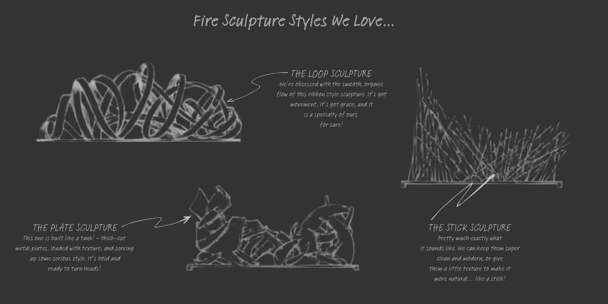 Fire Sculptures A chalkboard sketch showcases three styles of Fire Sculptures: "The Loop Sculpture" with twisted loops, "The Plate Sculpture" with stacked plate-like forms, and "The Stick Sculpture" featuring vertical sticks. Handwritten titles and descriptions adorn the drawings.