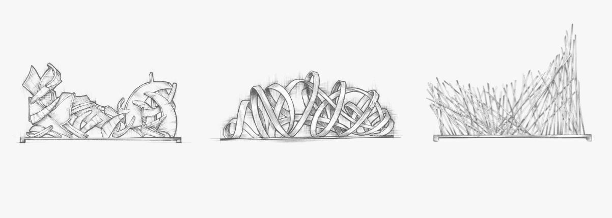Sculpture sketches-3 features three abstract pencil drawings on a white background: jagged shards on the left platform, looping ribbons in the center, and sharp upright lines grouped on the right.
