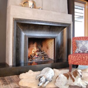A cozy room features a roaring fireplace with Surround 2's decorative animal skull on the mantel. Two dogs rest on a plush rug in front, next to an upholstered chair with a decorative cushion. Wooden floors complete the scene.