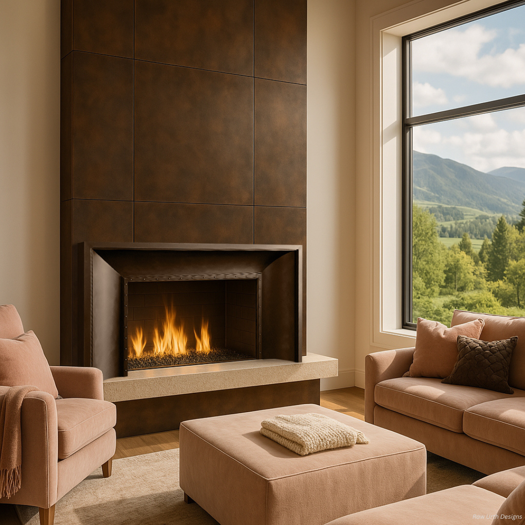 A modern fireplace displaying flames gives a cozy touch to the living room. Beige armchairs flank a large window framing mountains and green fields. Text on the fireplace indicates the image is photoshopped for the "Surround 3" page.