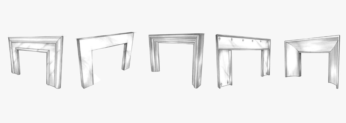 Illustration of five distinct "fireplace menu sketch - product" mantels on a plain background, each showcasing unique architectural designs and details.