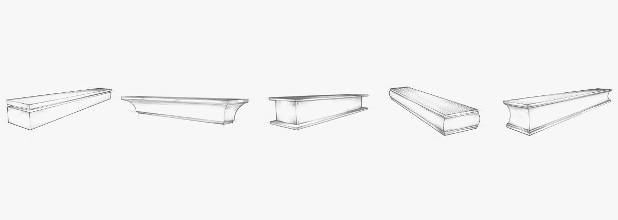 Black and white line drawings of five architectural molding profiles from "mantels-2," each shown in perspective view with varying angles and curves on a plain white background.