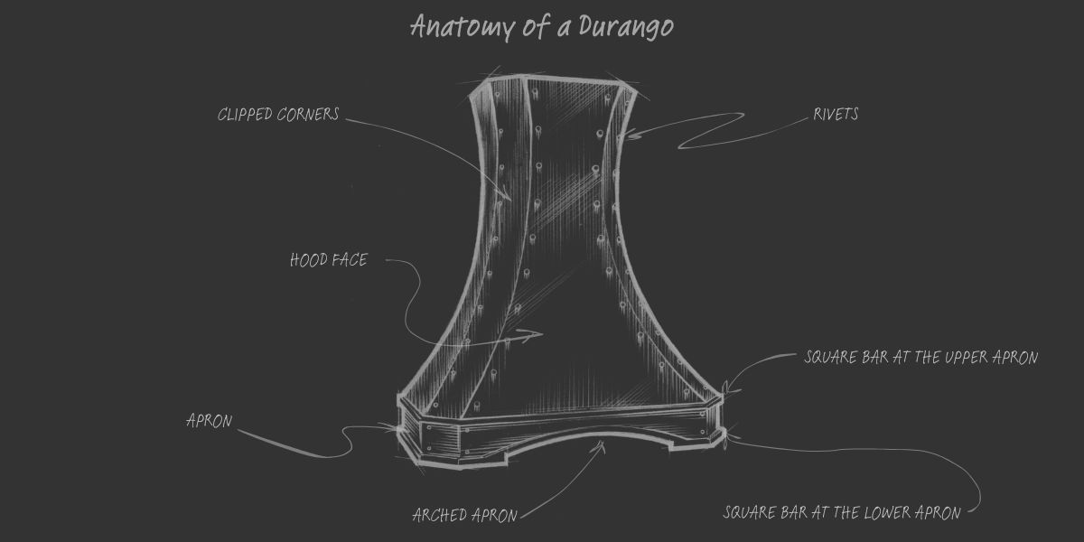 Anatomy of the Durango The "Anatomy of the Durango" chalk-style sketch features a fan-shaped object labeled with rivets, clipped corners, hood face, apron, arched apron, and square bars at both the upper and lower apron.