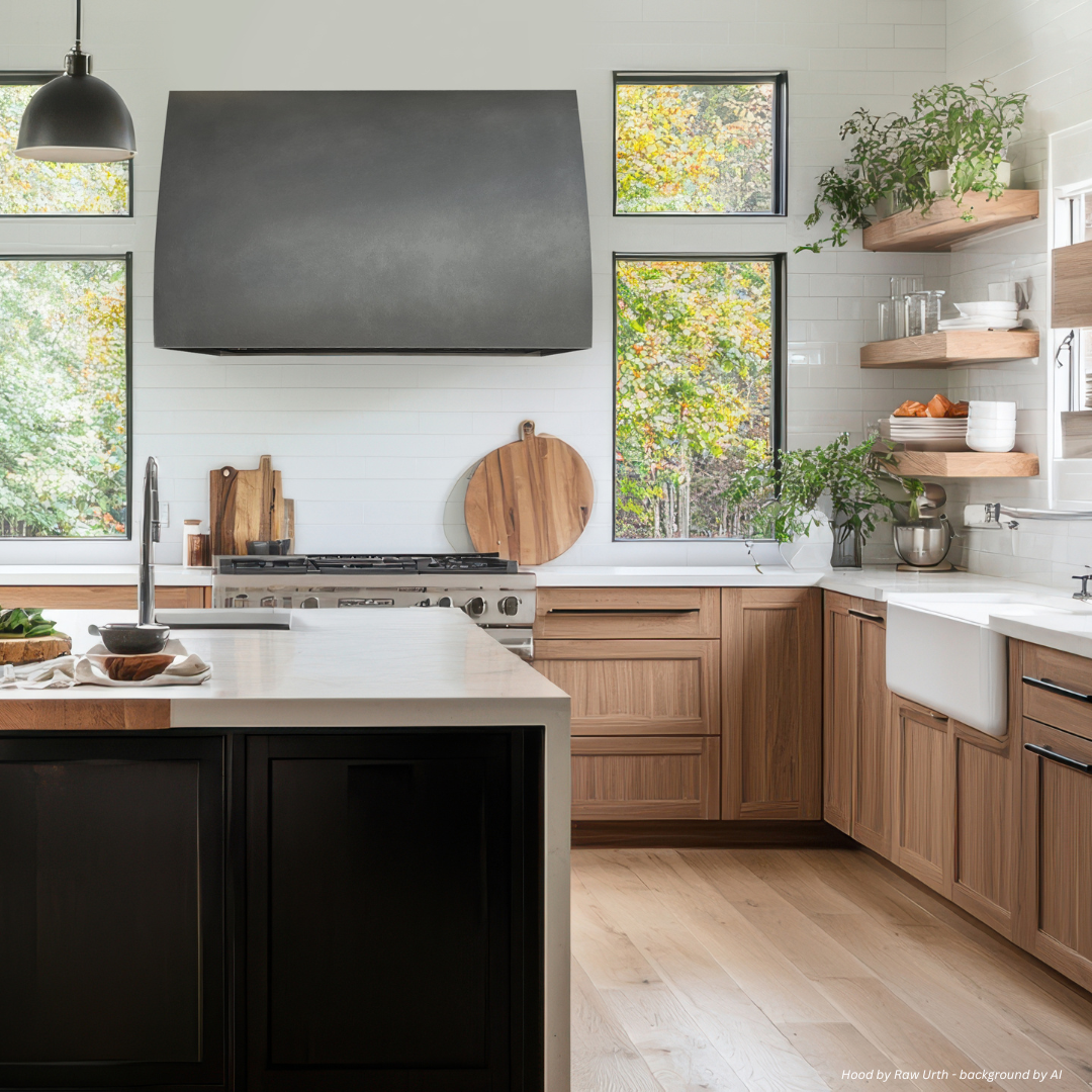 Modern kitchen featuring Aspen Essential - gallery 3√ light wood cabinets, white countertops, large black range hood, and farmhouse sink. Open shelves hold dishes and plants; cutting boards rest by the stove. Leafy views outside.