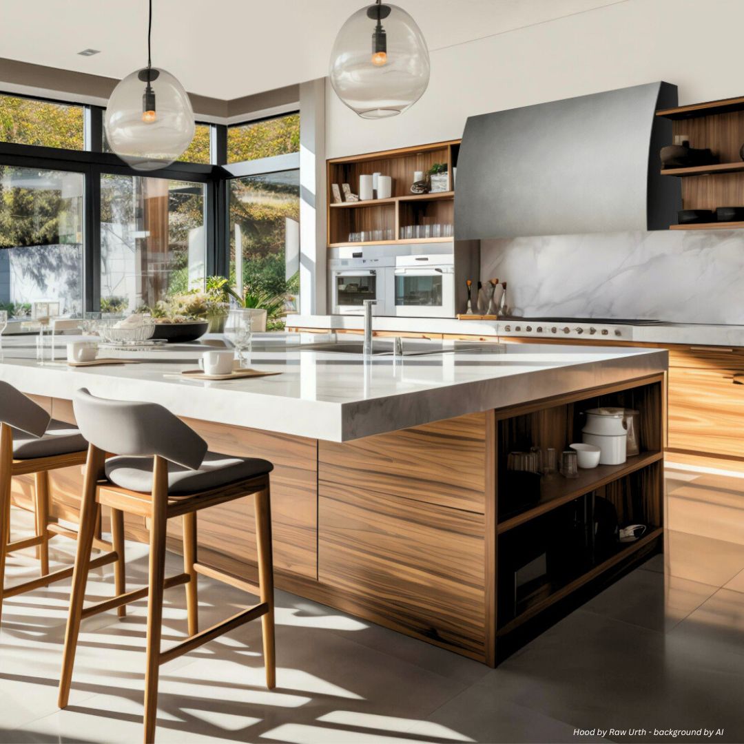 The Aspen Essential - gallery1 √ features a modern kitchen with a large marble island, wood cabinetry, built-in ovens, pendant lights, expansive windows for natural light, and two bar stools at the island.