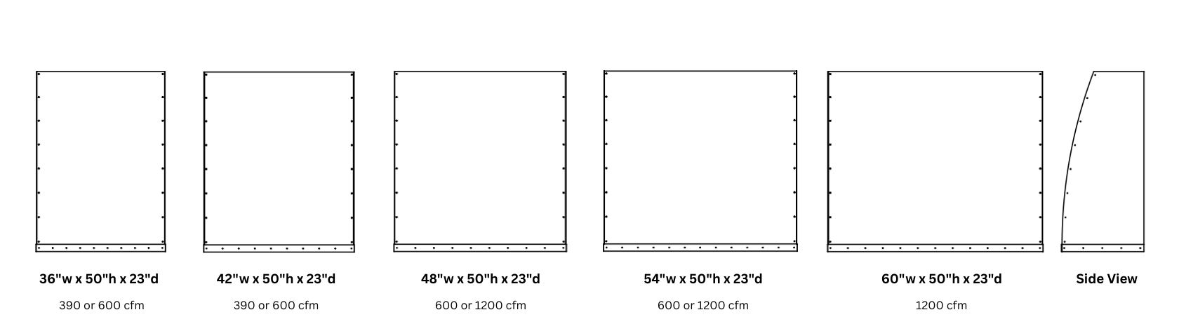 Six Aspen Tailored 50_h filter diagrams with widths from 36