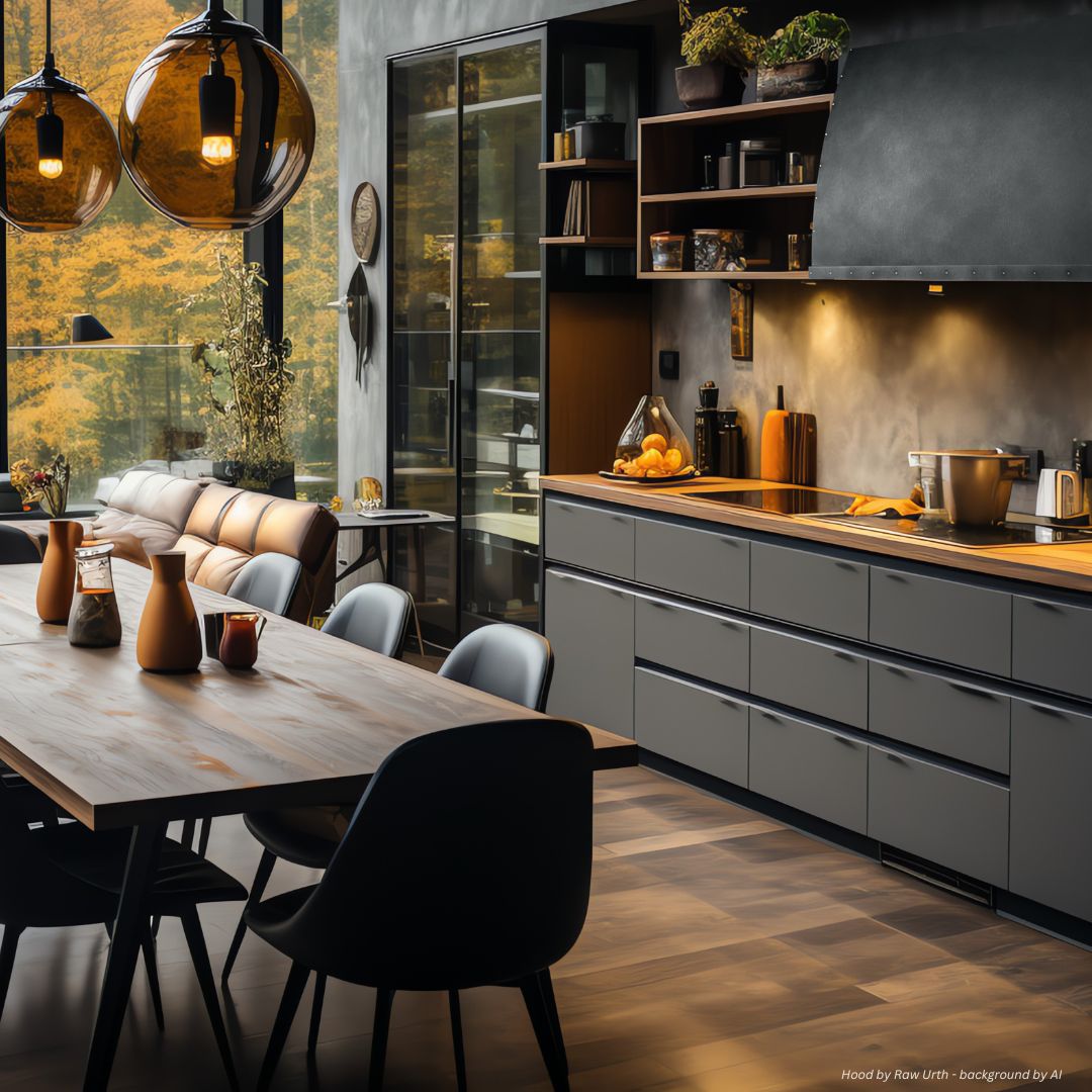 The Aspen Tailored-gallery 1√ features a modern kitchen and dining area with sleek gray cabinets, stylish pendant lights, a wooden dining table, black chairs, and large windows framing autumn views—warm lighting adds a cozy, inviting touch.