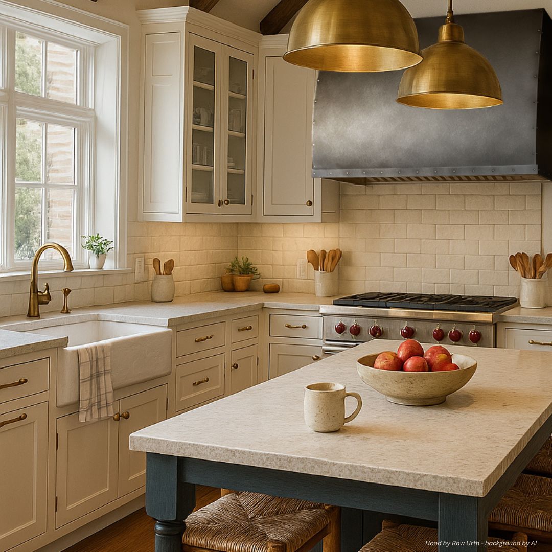 The Aspen Tailored - gallery 2√ features a bright, modern kitchen with white cabinets, brass fixtures and pendant lights, a farmhouse sink, gas stove, and a marble-topped island displaying apples and a mug in the foreground.