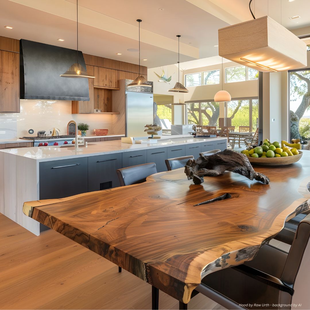 Experience the Aspen Tailored - gallery 3√-2: a modern kitchen with a large live-edge wooden dining table, green apples centerpiece, sleek cabinetry, marble island, and expansive windows framing tree views and natural light.