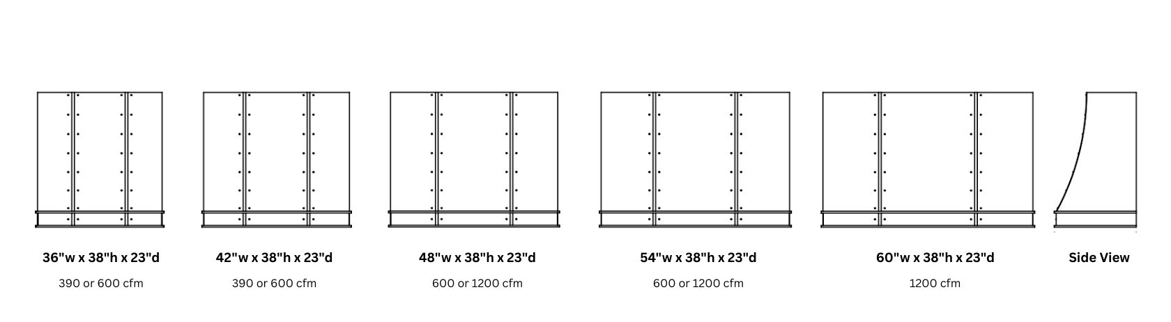 Six Avon Tailored 38 ventilation unit diagrams in increasing widths (36
