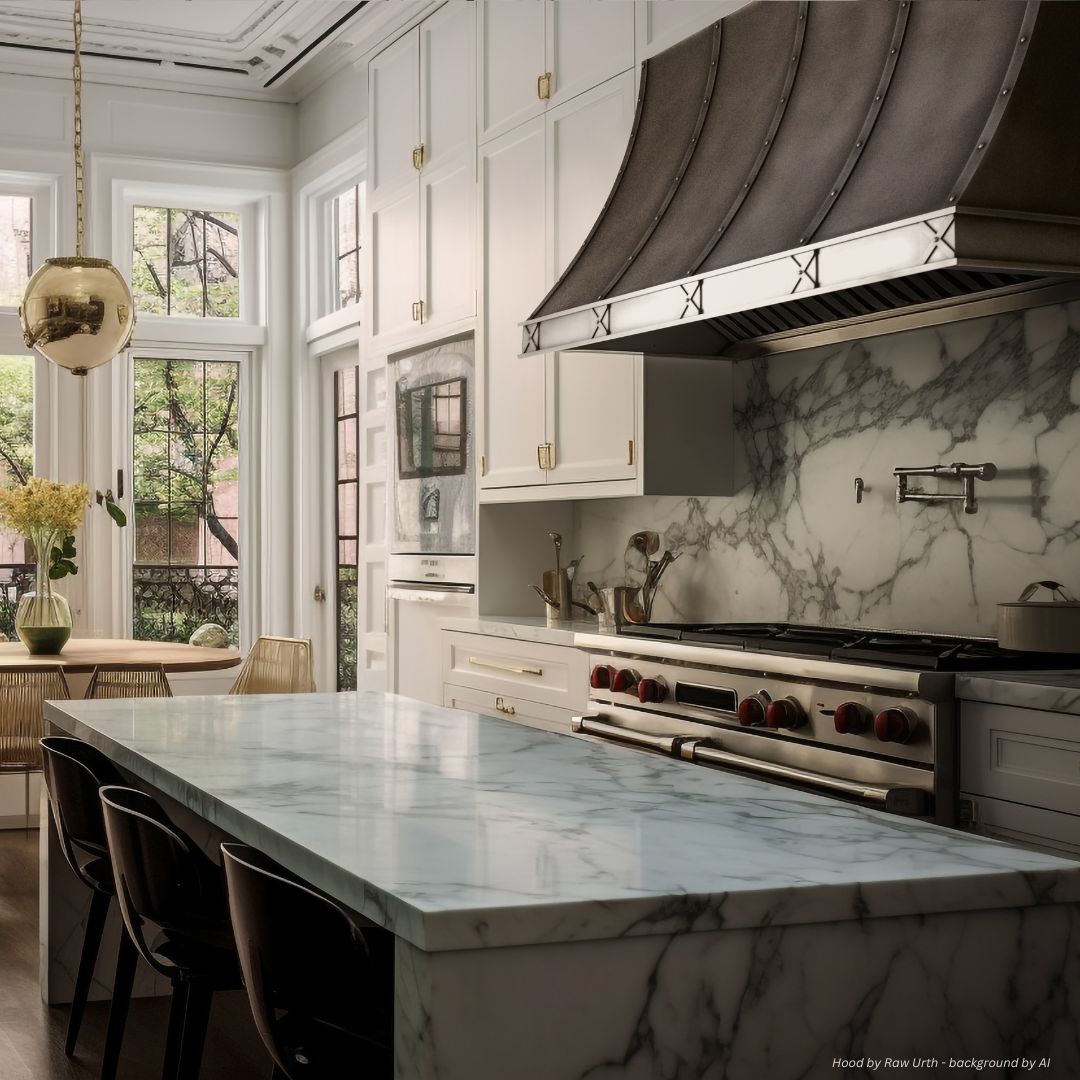 Avon-classic-gallery1√ The Avon-classic-gallery1√ kitchen features white cabinets, a spacious marble island, black chairs, gold pendant lights, and a stainless steel range hood. Tall windows fill the space with natural light and showcase views of lush greenery.