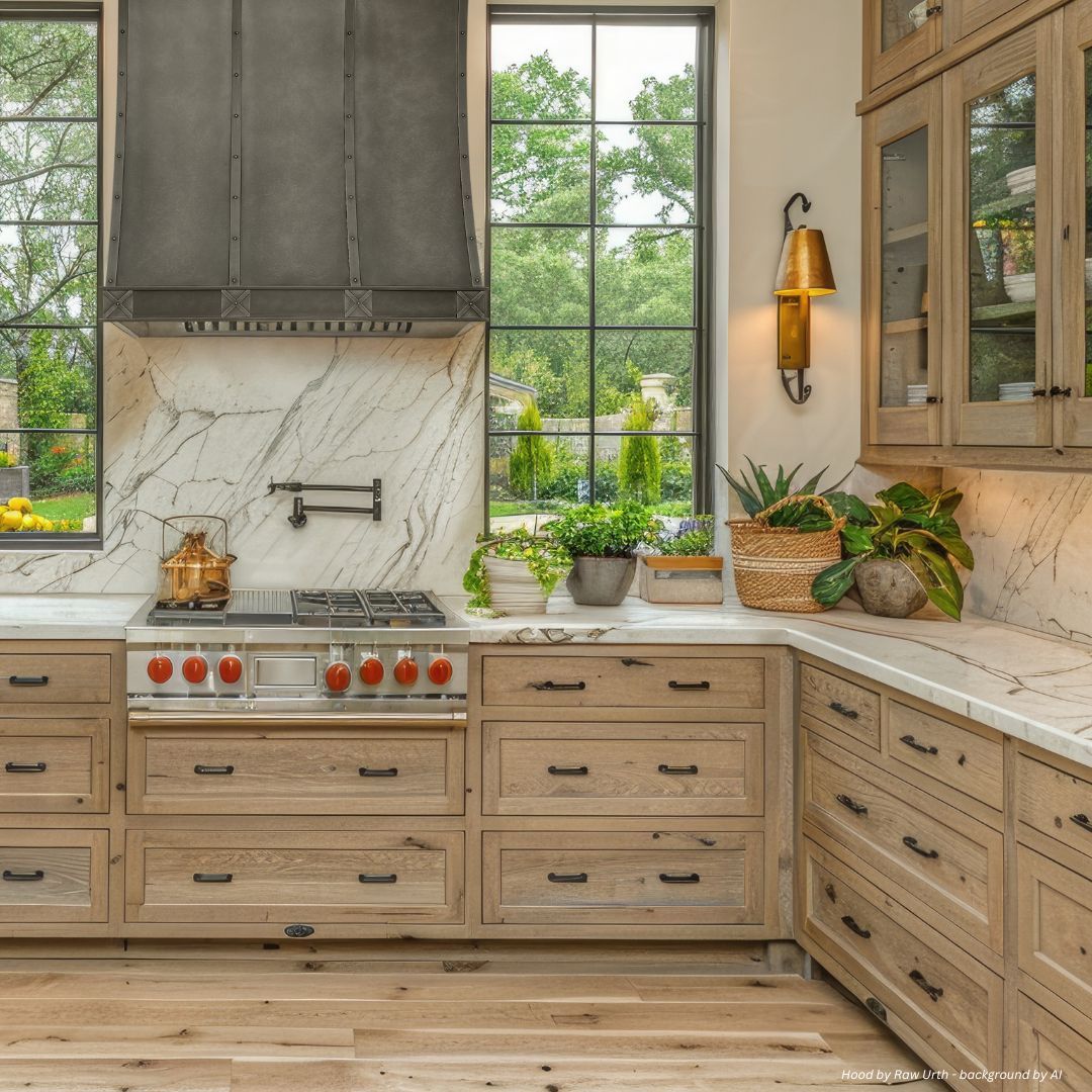 Avon-classic-gallery2-2 The Avon-classic-gallery2-2 features light wood cabinets, a marble backsplash, stainless steel range with red knobs, greenery accents, large garden-view windows, and brass wall lighting for a stylish kitchen.