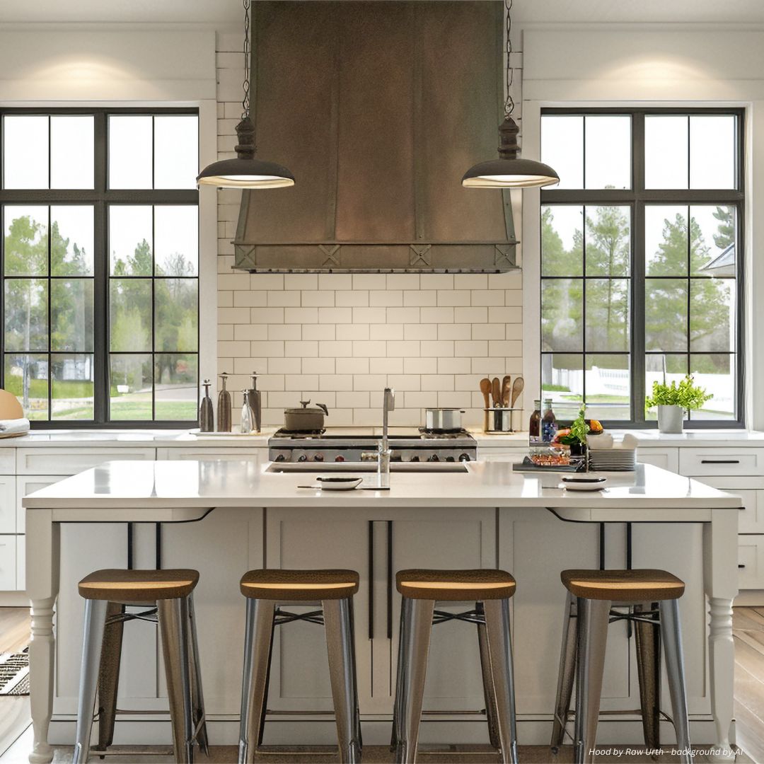 Avon-classic-gallery3-4 The Avon-classic-gallery3-4 features a modern kitchen with white cabinets, a spacious island seating four, pendant lighting, a stainless steel range hood, and large windows that fill the room with natural light.