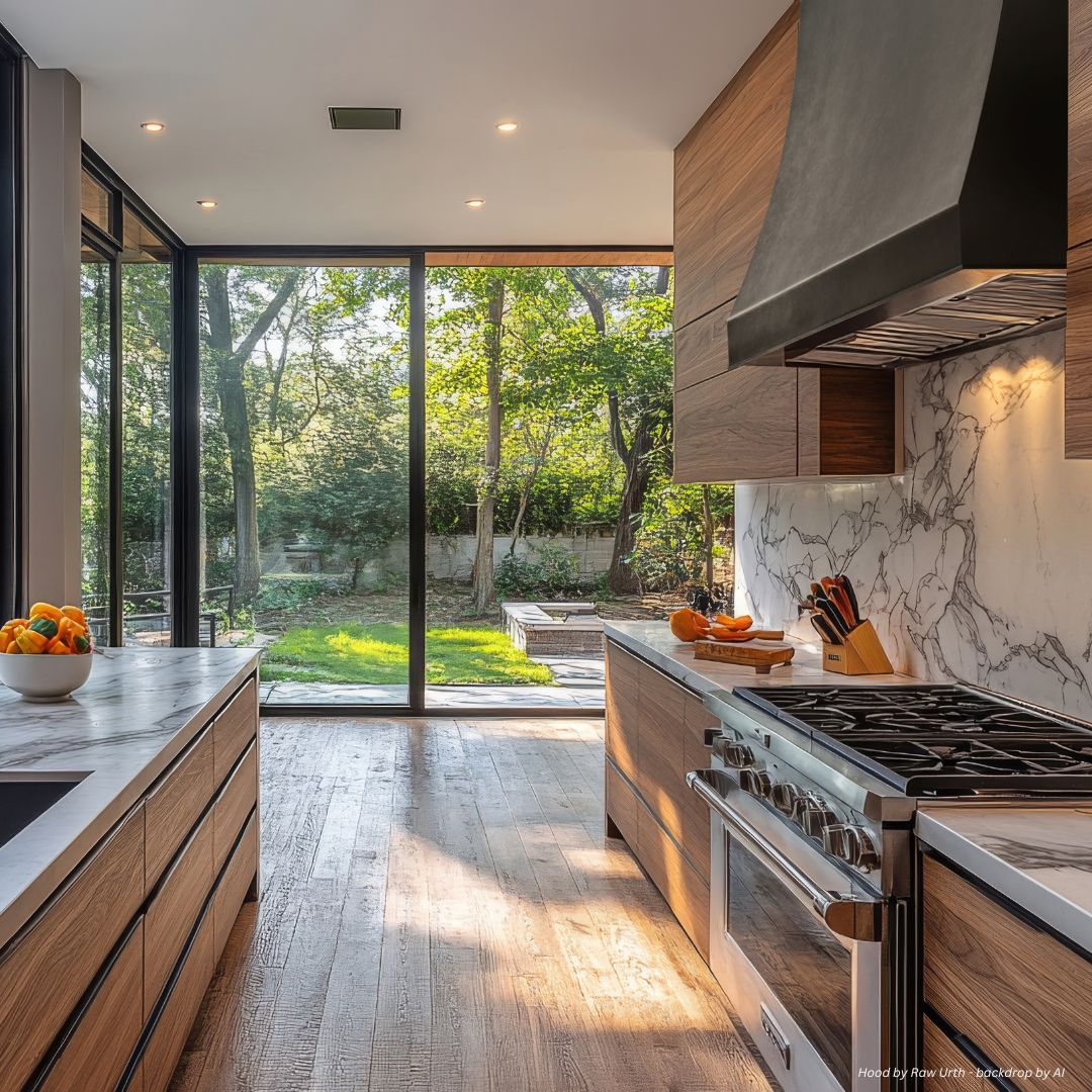 Avon-essential-gallery1-2 Avon-essential-gallery1-2 features a modern kitchen with wooden cabinets, marble countertops, stainless steel appliances, and floor-to-ceiling glass doors that open to a green backyard, flooding the space with natural light.