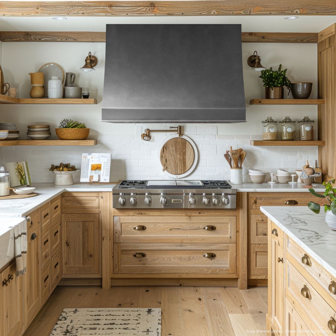 Avon-essential-gallery3-2 A modern farmhouse kitchen featuring Avon-essential-gallery3-2 cabinets, open shelves with dishes and jars, a stainless steel range, gray range hood, white tile backsplash, marble countertops, plus cozy plants and baskets.