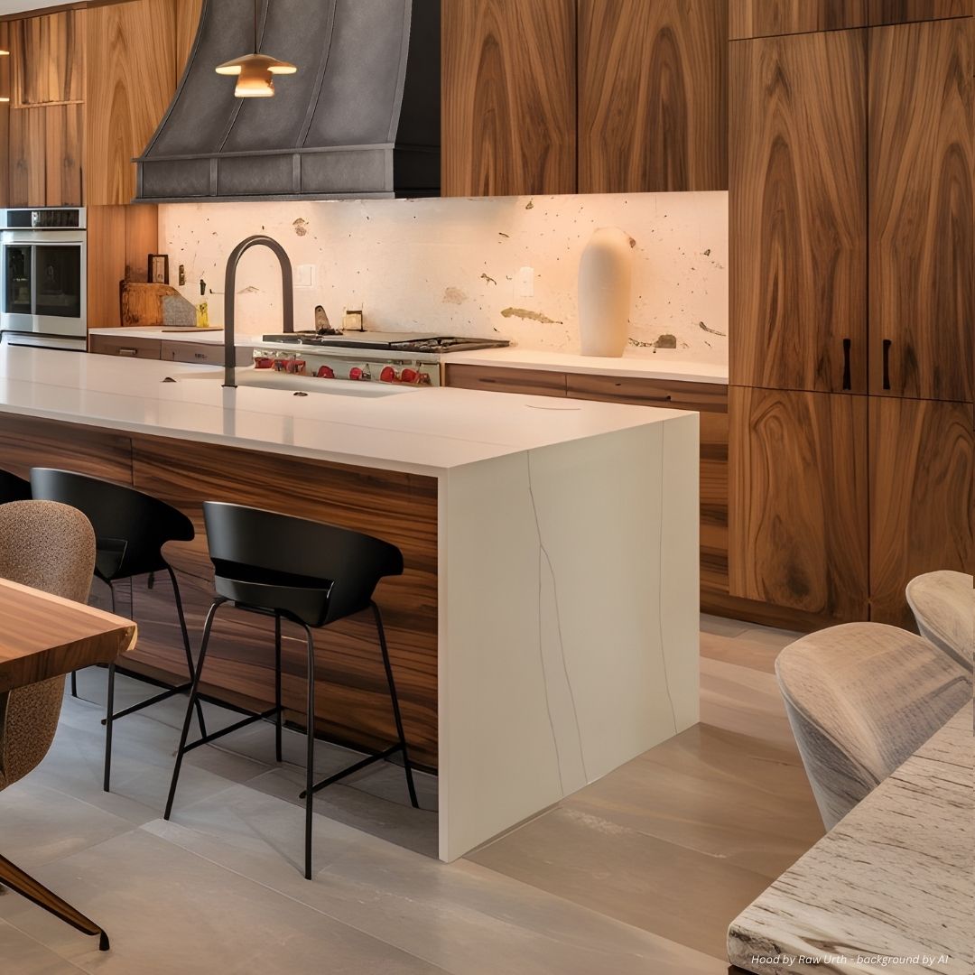 Avon-refined-gallery3-2 The Avon-refined-gallery3-2 kitchen features wood cabinetry, white countertops, a large island with black chairs, stainless steel oven, unique stone backsplash under a dark vent hood, and light wood flooring for a stylish look.