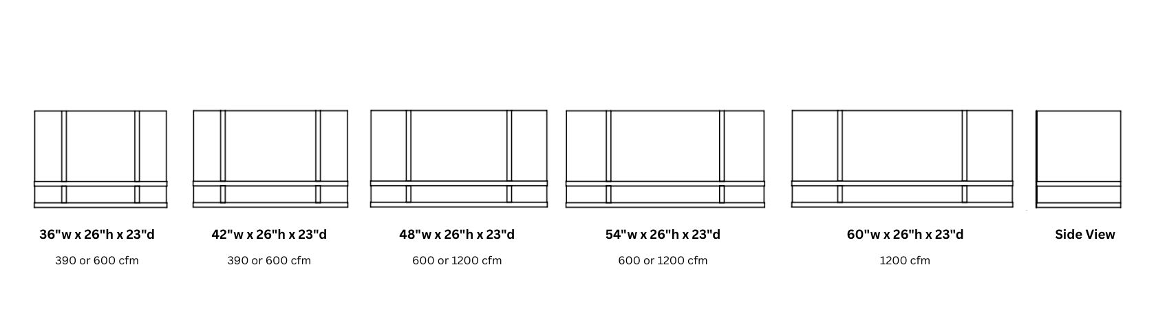 The Box Classic 26_h is shown in front and side views in five widths—36