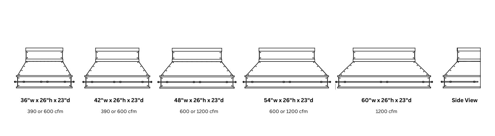 Front-view line drawings of six Creede Classic 26 hoods, widths labeled 36