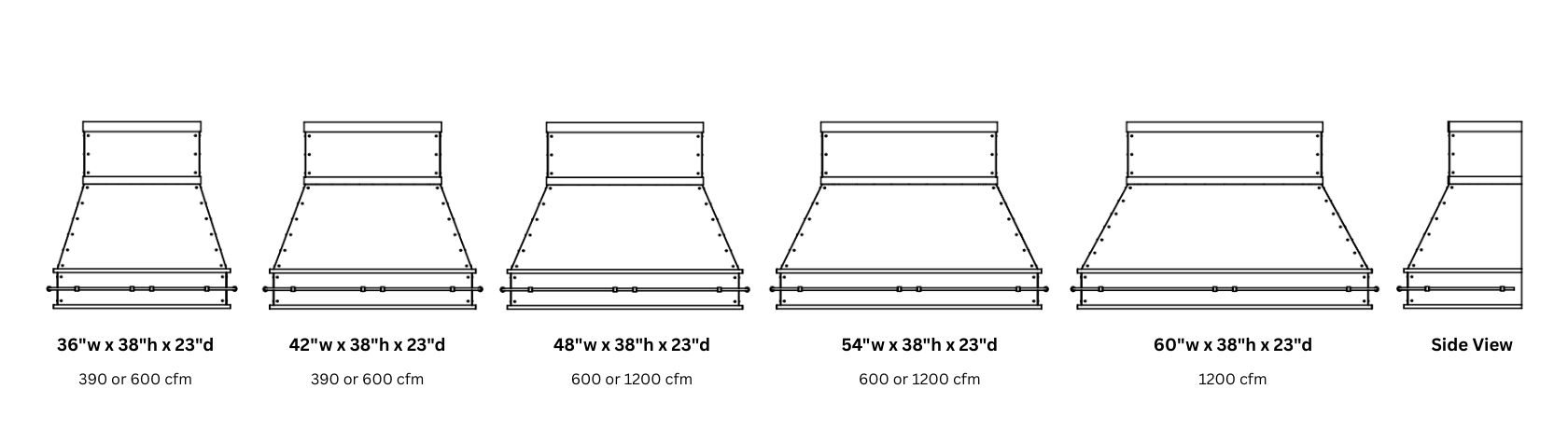 Six black-and-white line drawings of Creede Classic 38 kitchen range hoods in increasing widths (36