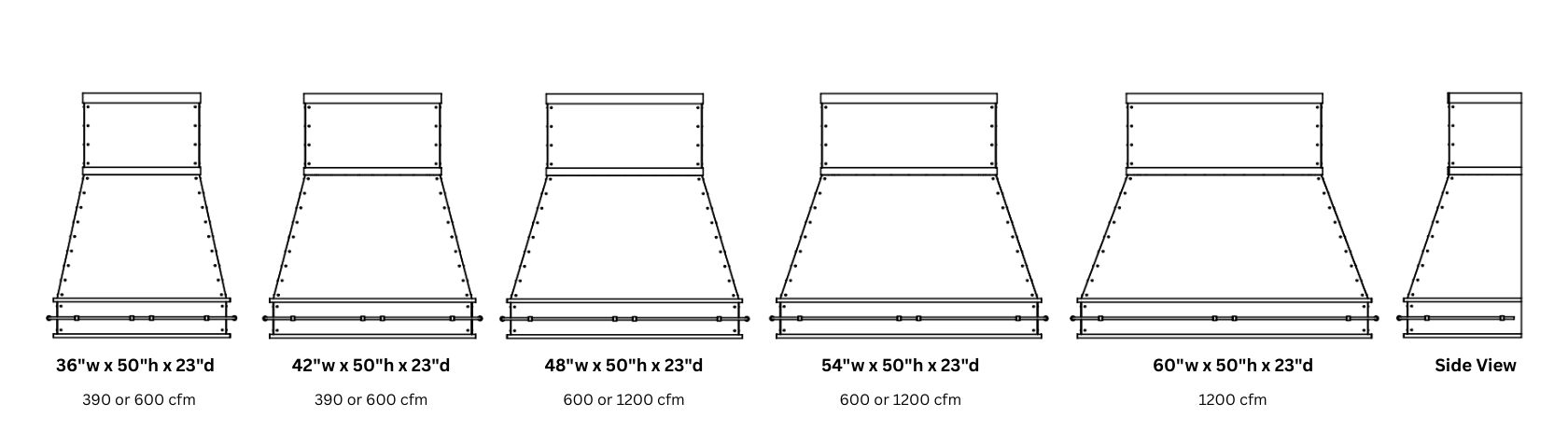 Line drawings of six Creede Classic 50 vent hood sizes—36