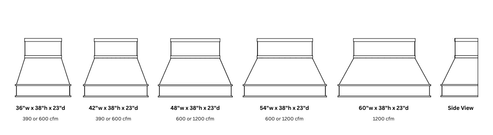 Six schematic drawings of the Creede Essential 38 range hood in widths of 36