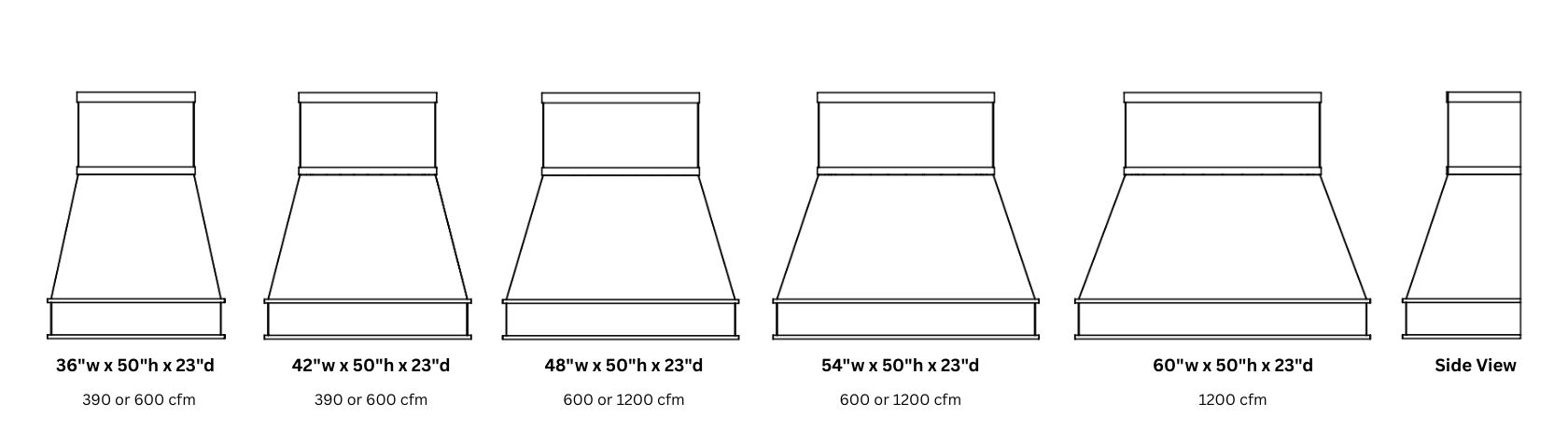 Line drawings of six Creede Essential 50 range hoods in widths (36
