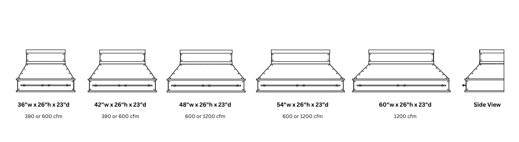 Diagram of Creede Refined 26 range hoods in six sizes (36–60
