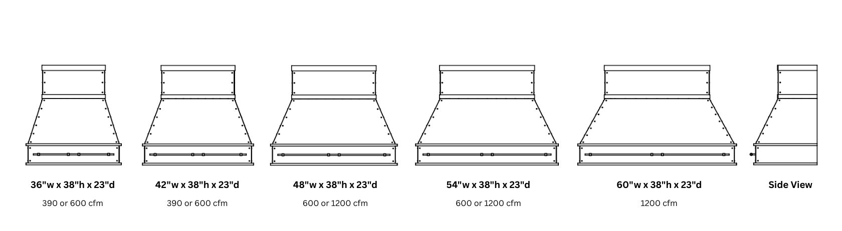 Line drawings of the Creede Refined 38 ventilation hood in five widths (36