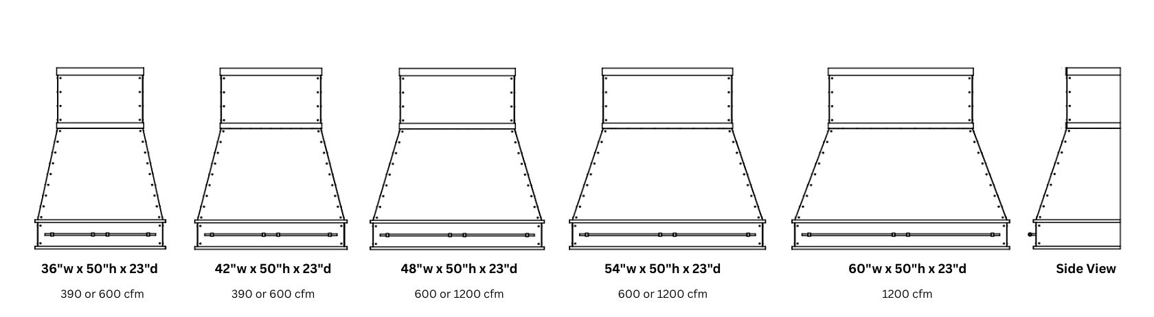 Diagram of six Creede Refined 50 kitchen vent hoods labeled with 36