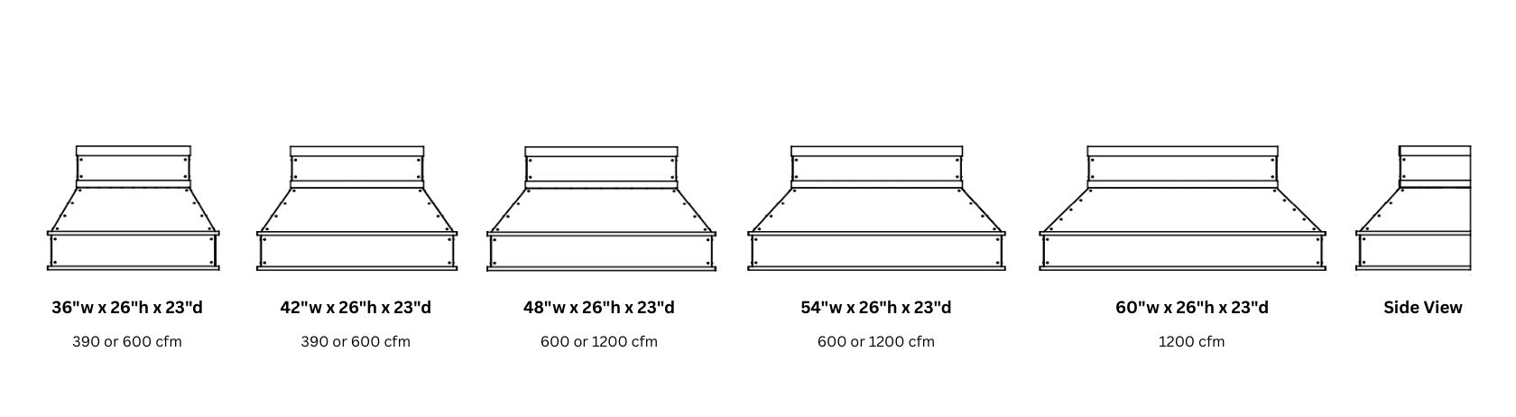 Six diagrams of the Creede Tailored 26 exhaust hood, labeled with widths from 36