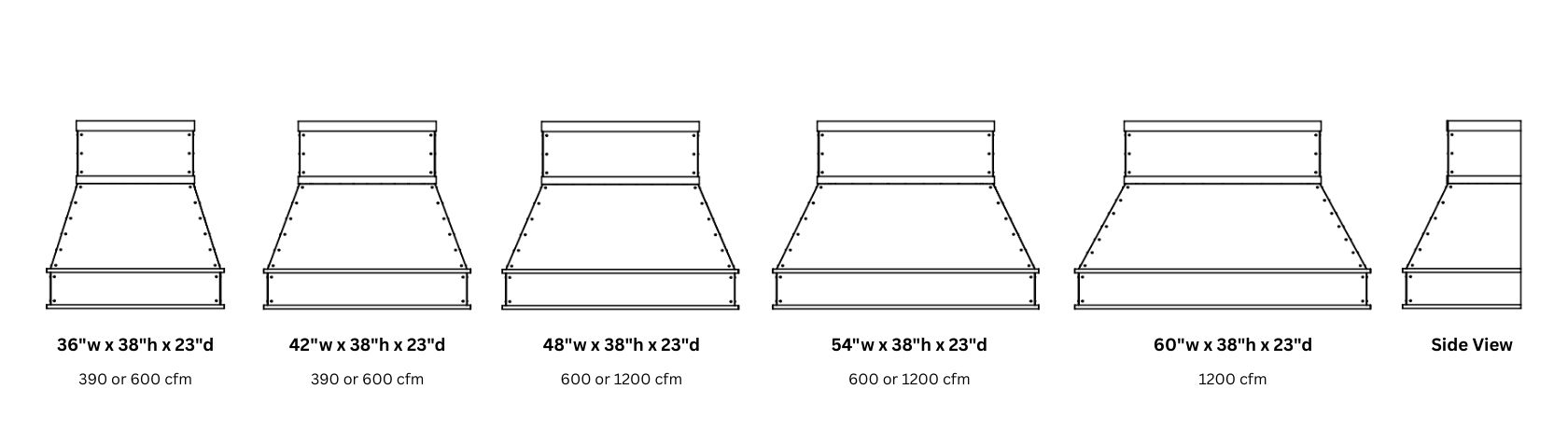Line drawings of six Creede Tailored 38 range hoods in 36