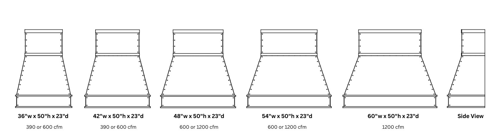 A row of five Creede Tailored 50 kitchen vent hood diagrams in widths 36