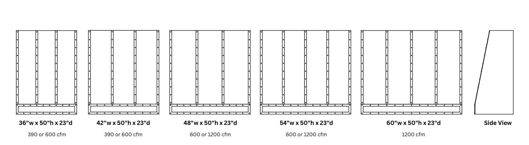 Five diagrams of Mesa Classic 50 vertical rectangular air diffusers in 36
