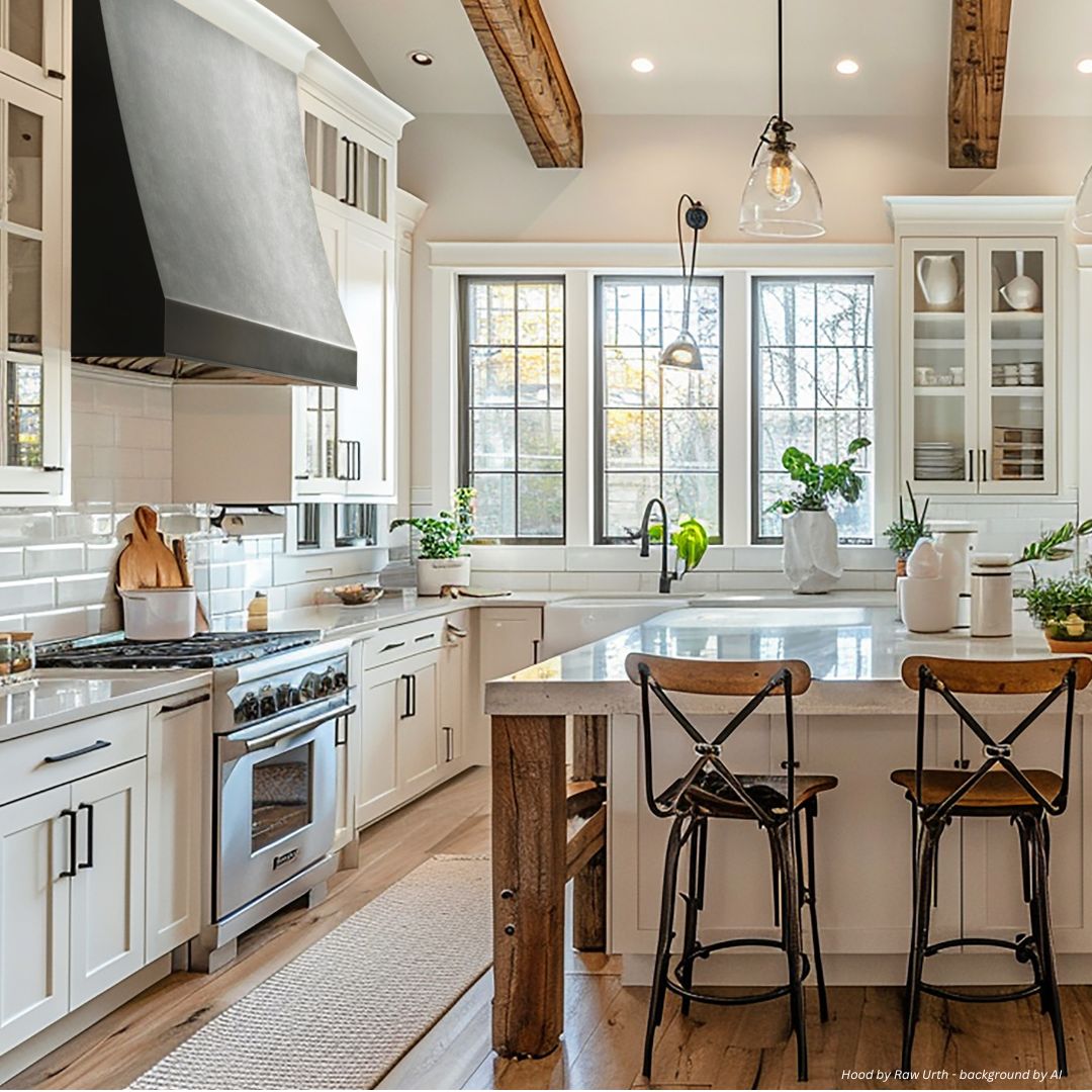 Mesa-essential-gallery2√ The Mesa-essential-gallery2√ features a bright modern farmhouse kitchen with white cabinets, a spacious island topped with wood, two matching wooden stools, stainless steel appliances, and expansive windows for abundant natural light.