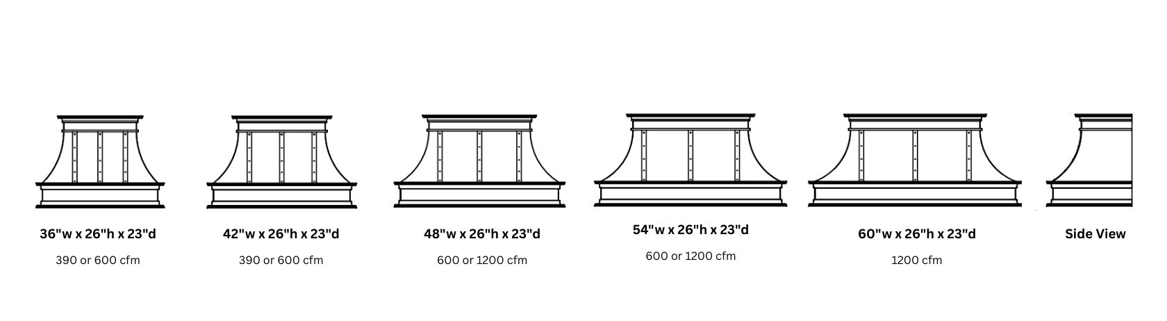 Six illustrated Montrose Classic 26 kitchen range hoods, widths 36