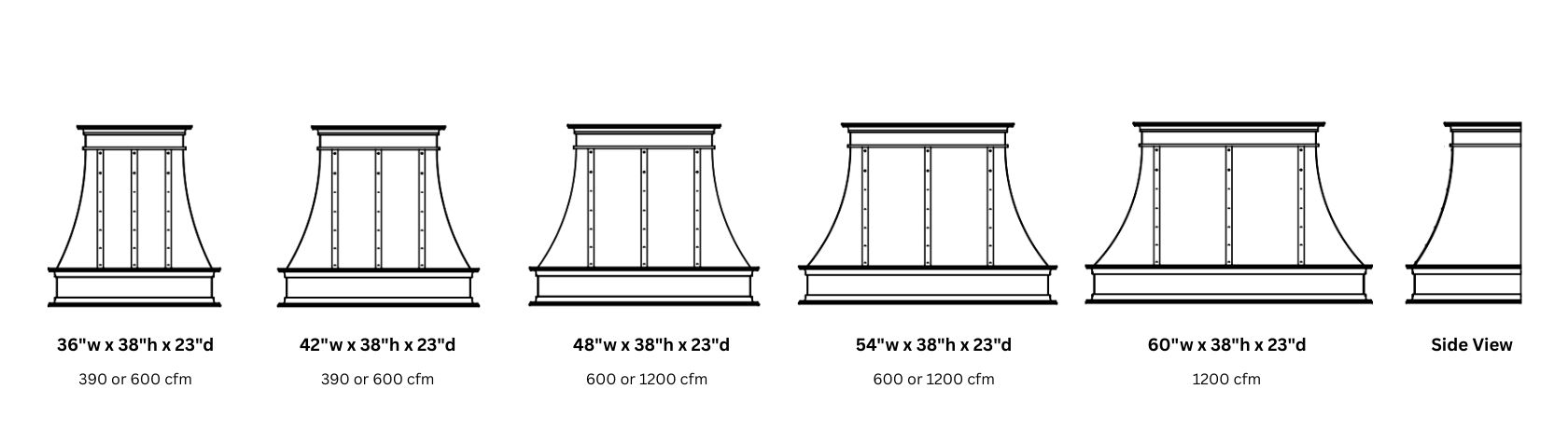 Line drawings of the Montrose Classic 38 range hood in six sizes (36