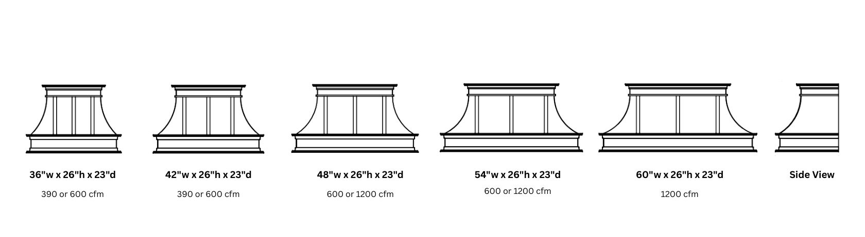 Six Montrose Refined 26 kitchen range hood silhouettes show increasing widths (36