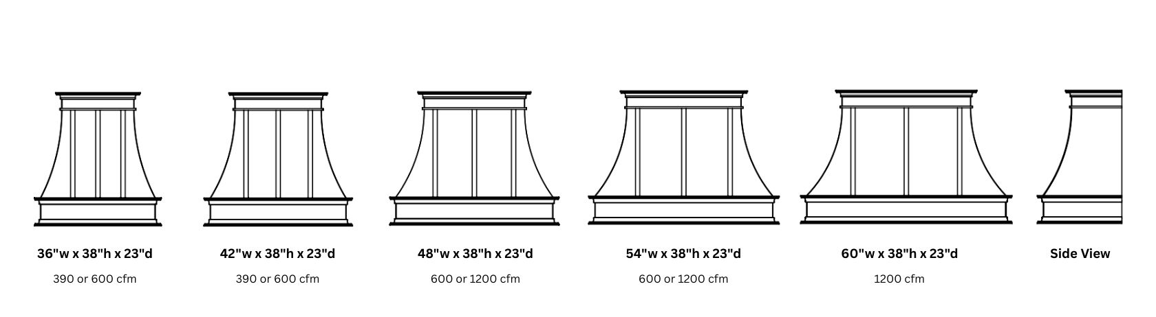 Black and white line drawings of the Montrose Refined 38 range hood in six sizes, each labeled with width, height, depth, and CFM options below; a side view appears on the far right.