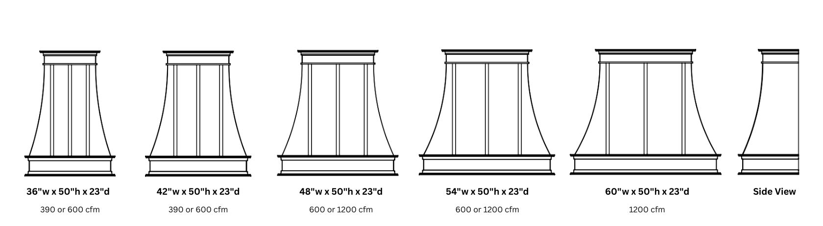 Line drawings of the Montrose Refined 50 range hood in six widths—36