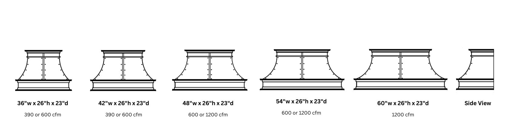 Six line drawings of Montrose Tailored 26 kitchen range hoods in 36